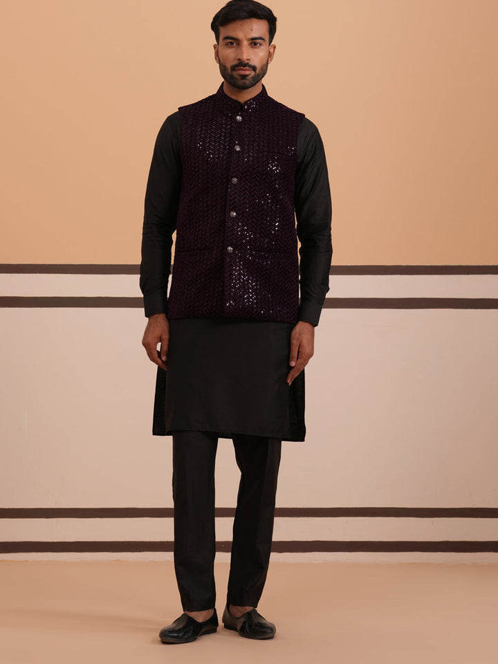 Luxury Velvet Nehru Jacket Paired With Solid Kurta Pyjama