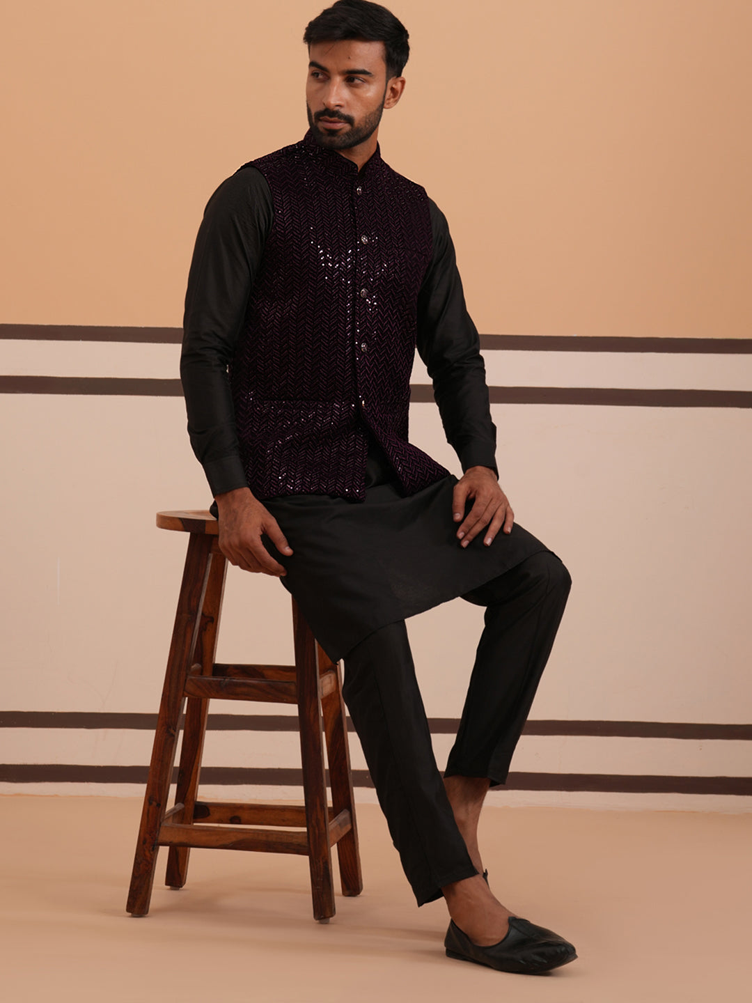 Luxury Velvet Nehru Jacket Paired With Solid Kurta Pyjama