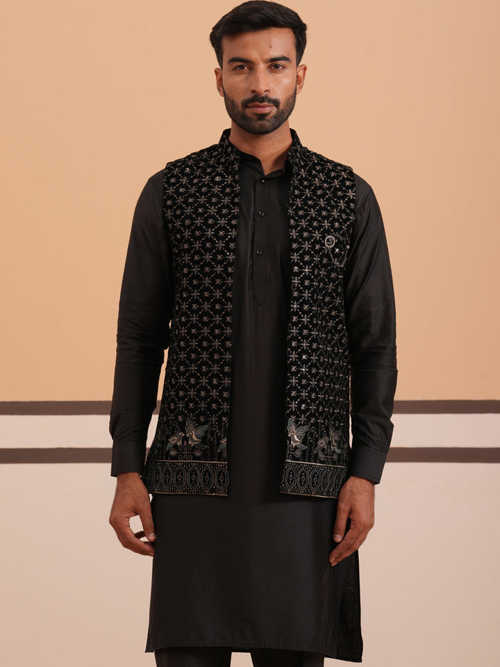 Designer Embroidered Nehru Jacket With Kurta Pyjama