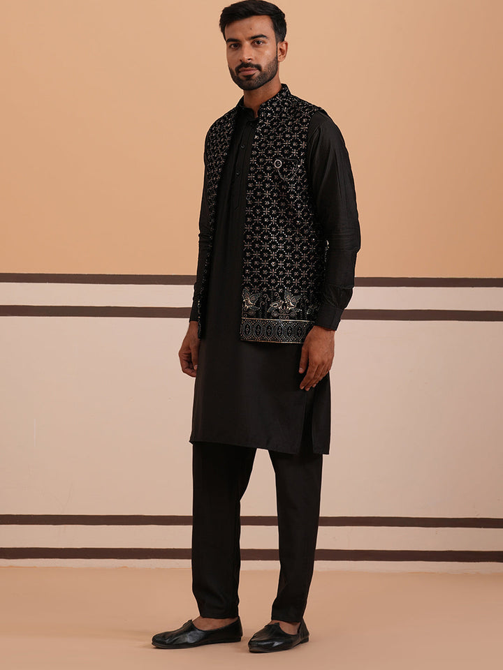 Designer Embroidered Nehru Jacket With Kurta Pyjama