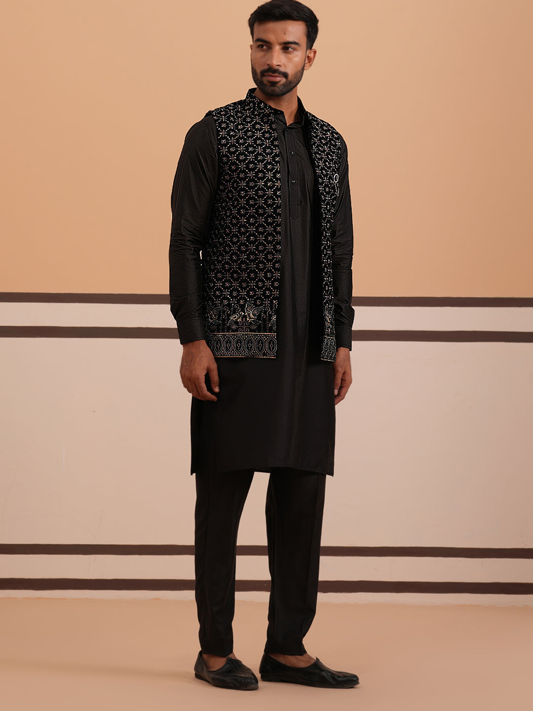 Designer Embroidered Nehru Jacket With Kurta Pyjama