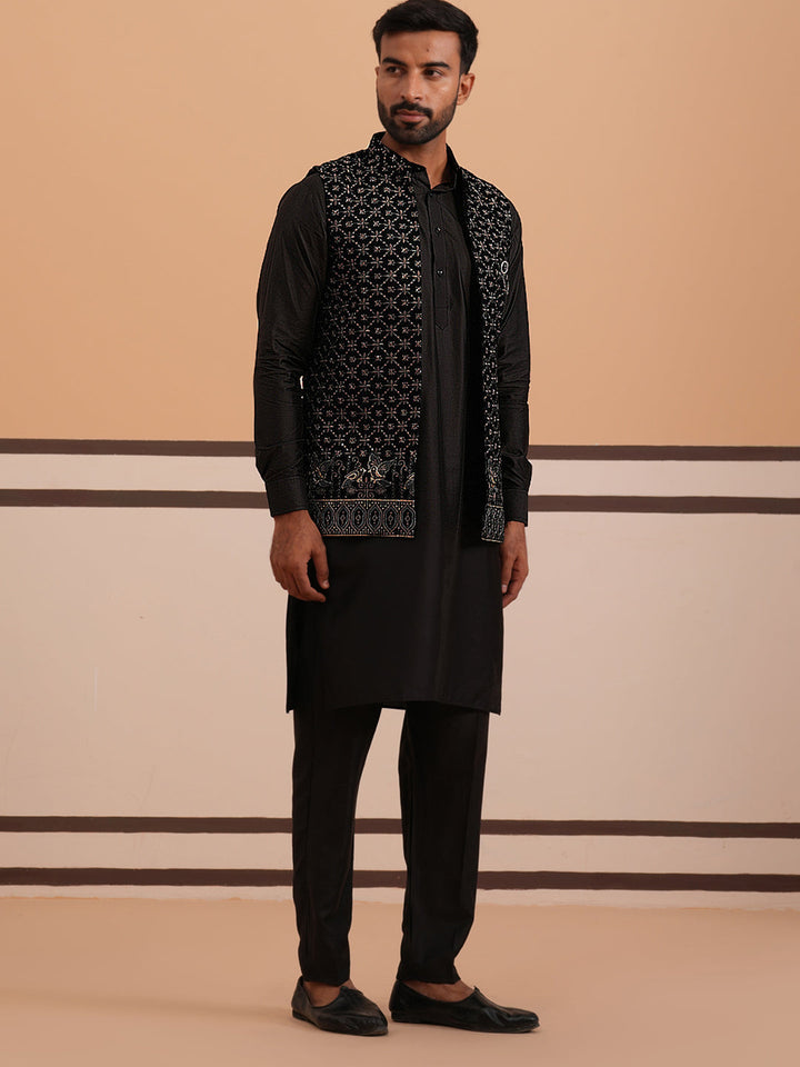 Designer Embroidered Nehru Jacket With Kurta Pyjama