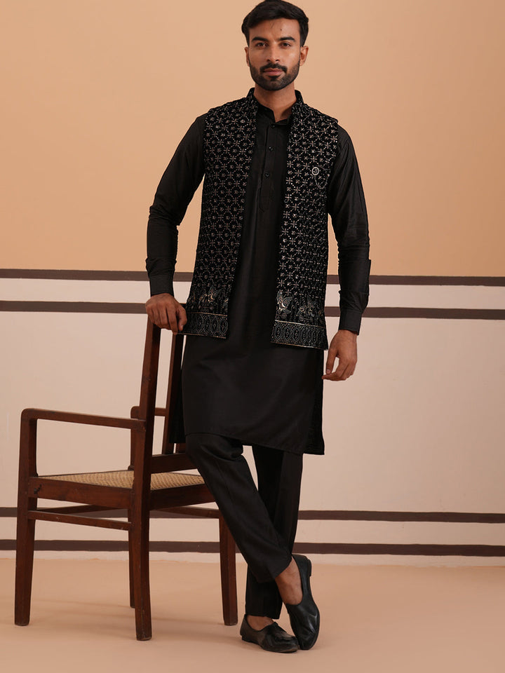 Designer Embroidered Nehru Jacket With Kurta Pyjama