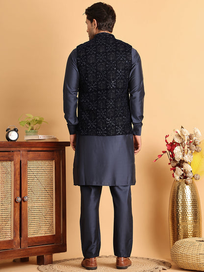 Men'S Velvet Nehru Jacket With Solid Kurta Pyjama.
