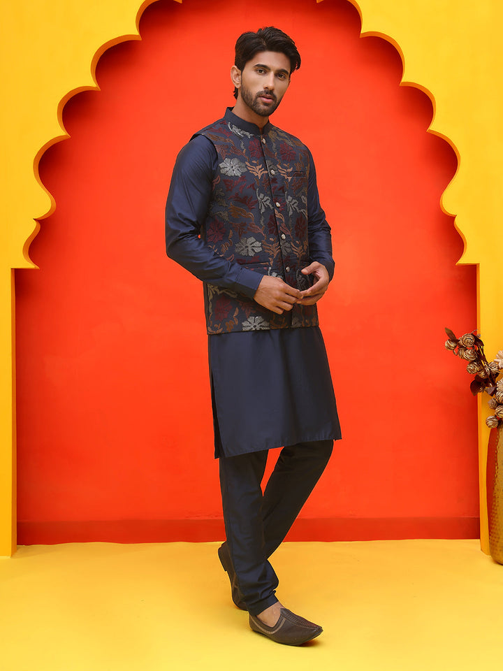 Embroidered Nehru Jacket With Solid Kurta Pyjama.