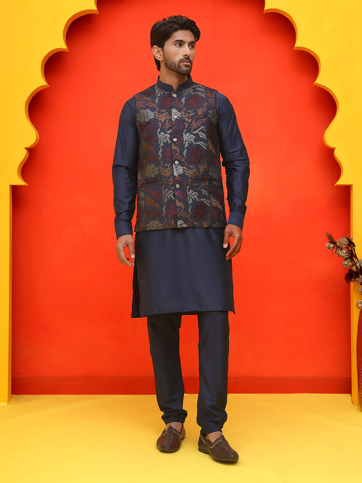 Embroidered Nehru Jacket With Solid Kurta Pyjama.