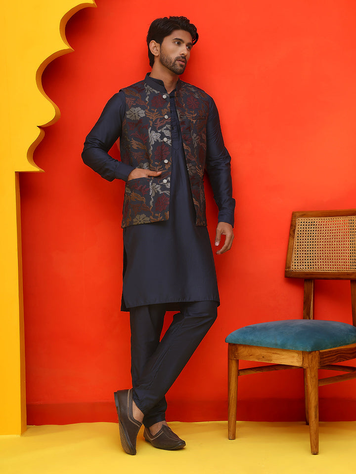 Embroidered Nehru Jacket With Solid Kurta Pyjama.