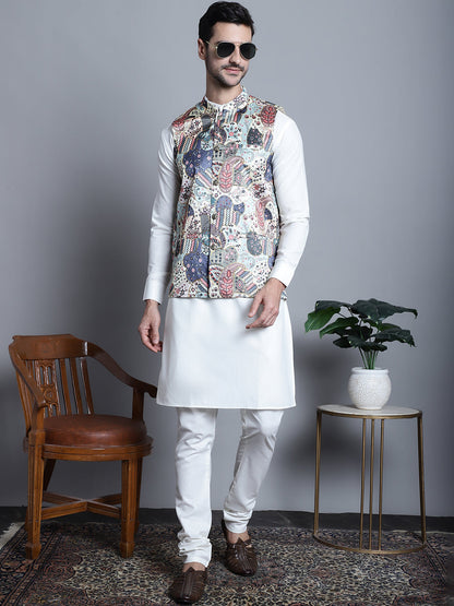 Men'S Digital Print And Zari Work Nehru Jacket With Kurta Pyjama Set