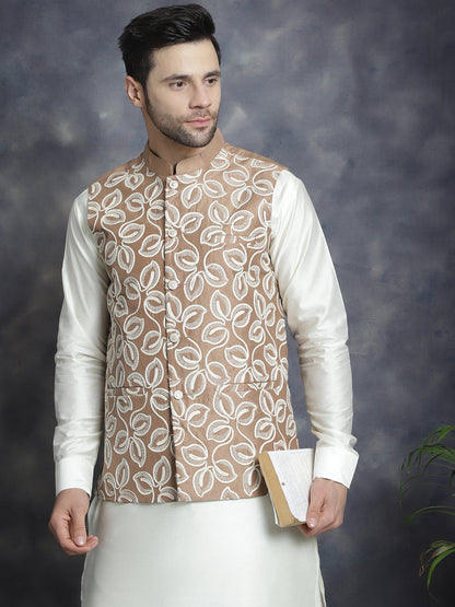 Men'S Embroidered Nehru Jacket With Solid Kurta Pyjama.
