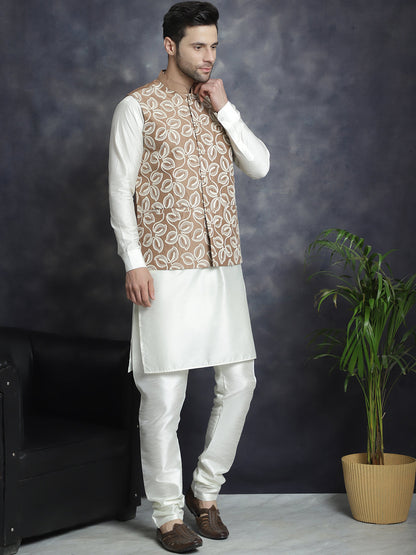 Men'S Embroidered Nehru Jacket With Solid Kurta Pyjama.
