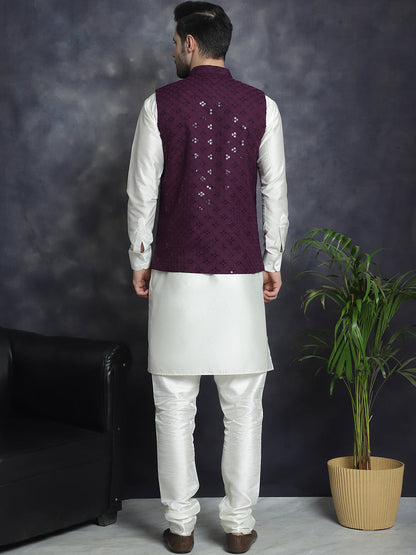 Men'S Sequins And Embroidered Nehru Jacket With Solid Kurta Pyjama.