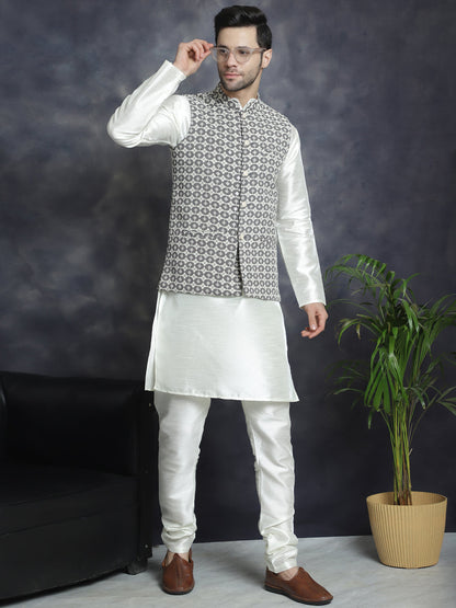 Men'S Embroidered Nehru Jacket With Solid Kurta Pyjama.