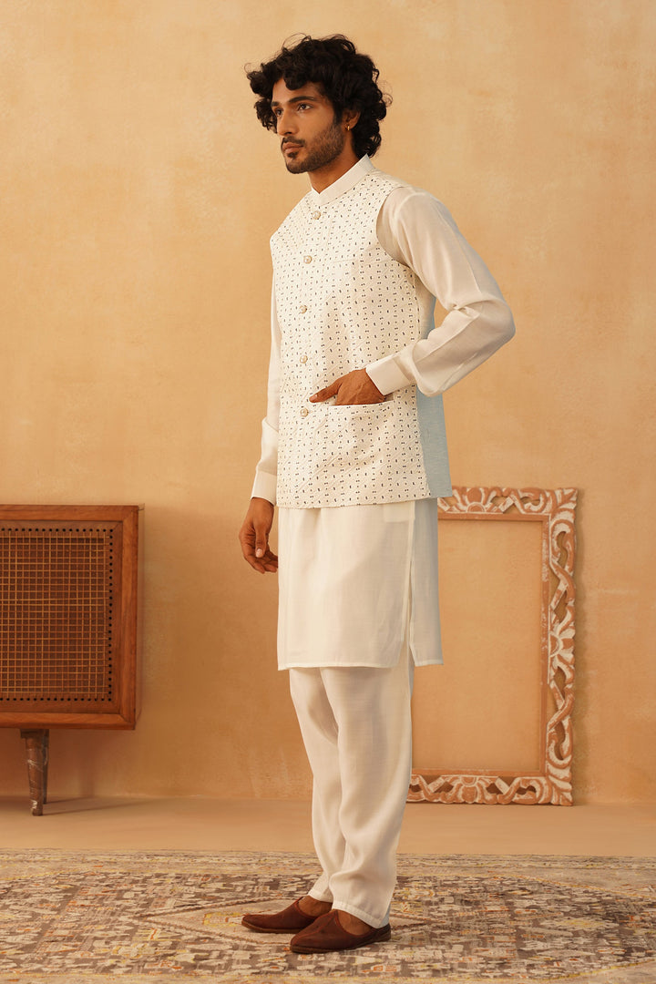 Embroidered Nehru Jacket With Solid Kurta Pyjama Set