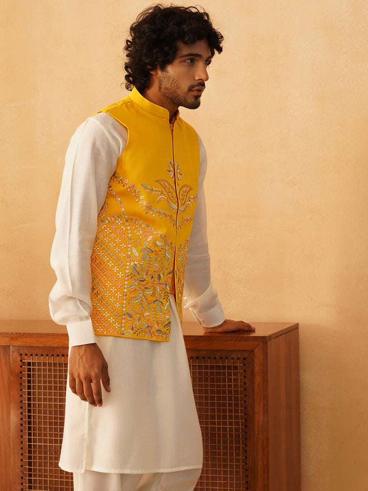 Embroidered Nehru Jacket With Solid Kurta Pyjama Set