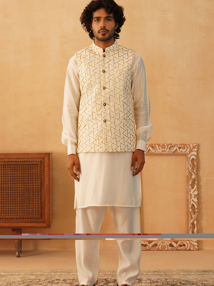 Embroidered Nehru Jacket With Solid Kurta Pyjama Set