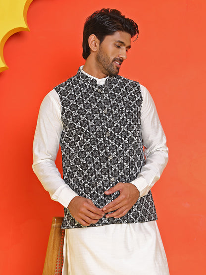 Embroidered Nehru Jacket With Solid Kurta Pyjama Set