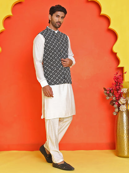 Embroidered Nehru Jacket With Solid Kurta Pyjama Set