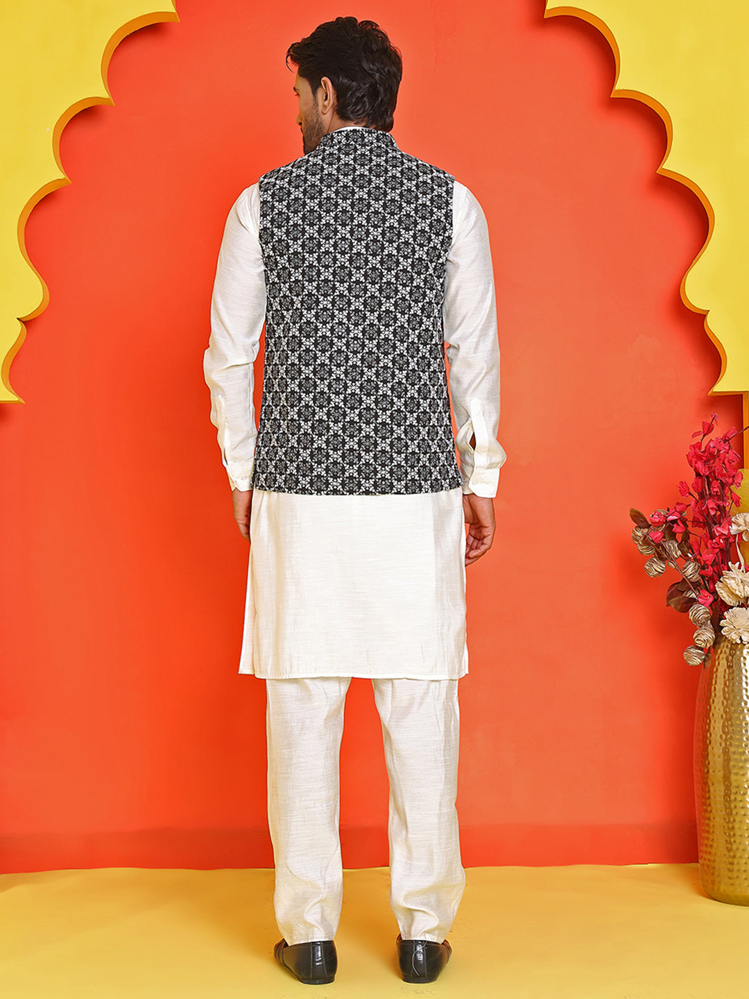 Embroidered Nehru Jacket With Solid Kurta Pyjama Set