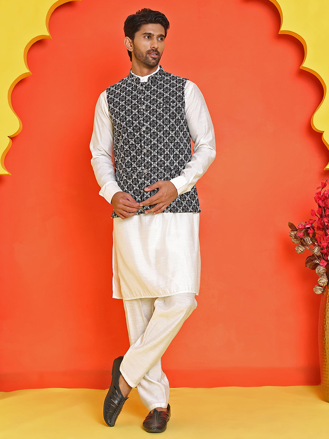 Embroidered Nehru Jacket With Solid Kurta Pyjama Set