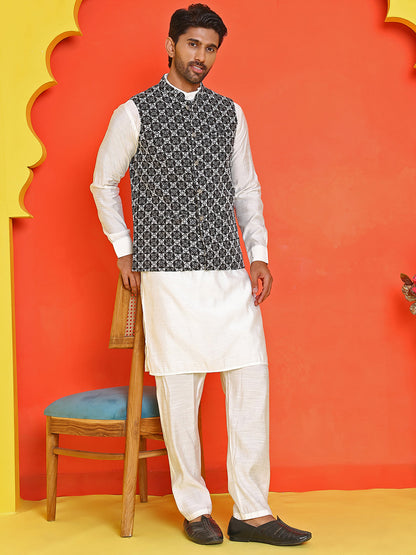 Embroidered Nehru Jacket With Solid Kurta Pyjama Set