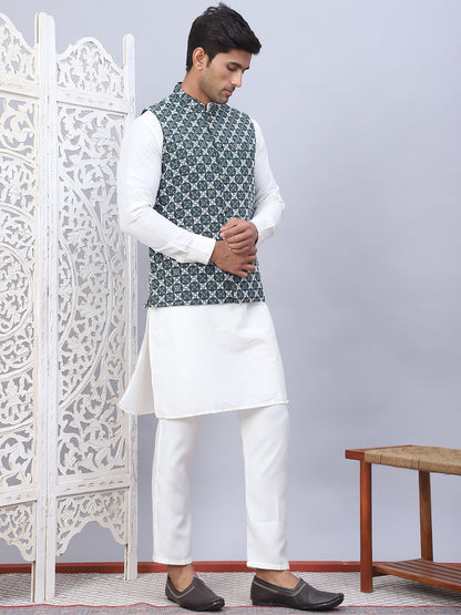 Embroidered Nehru Jacket With Solid Kurta Pyjama Set
