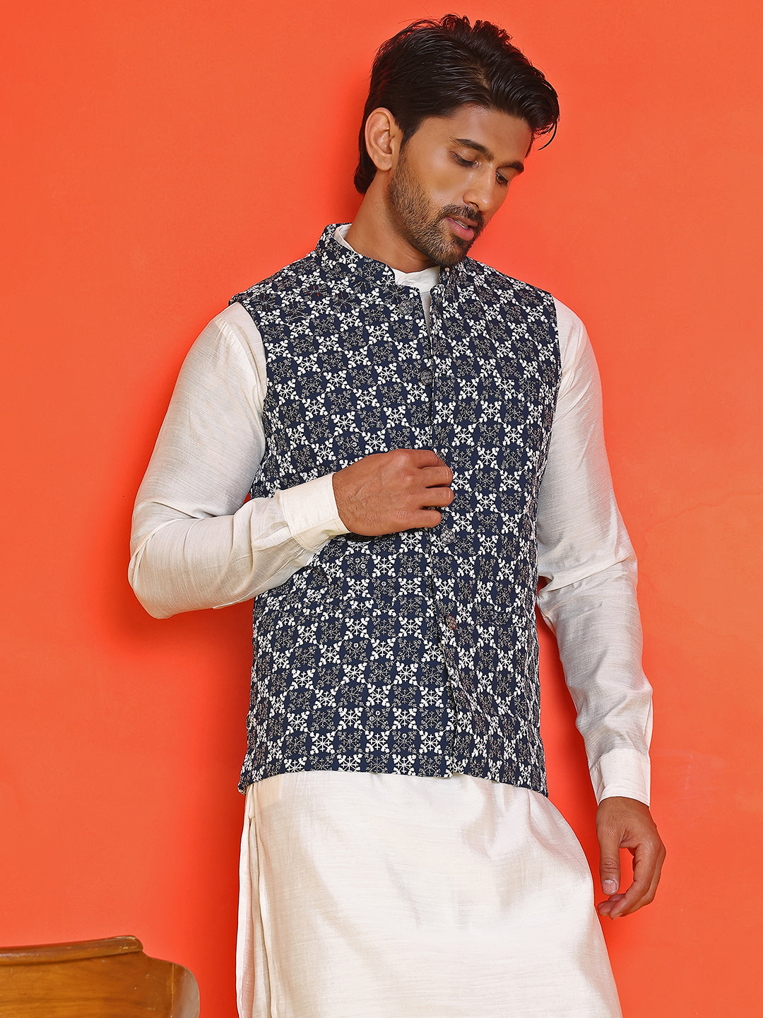 Embroidered Nehru Jacket With Solid Kurta Pyjama Set