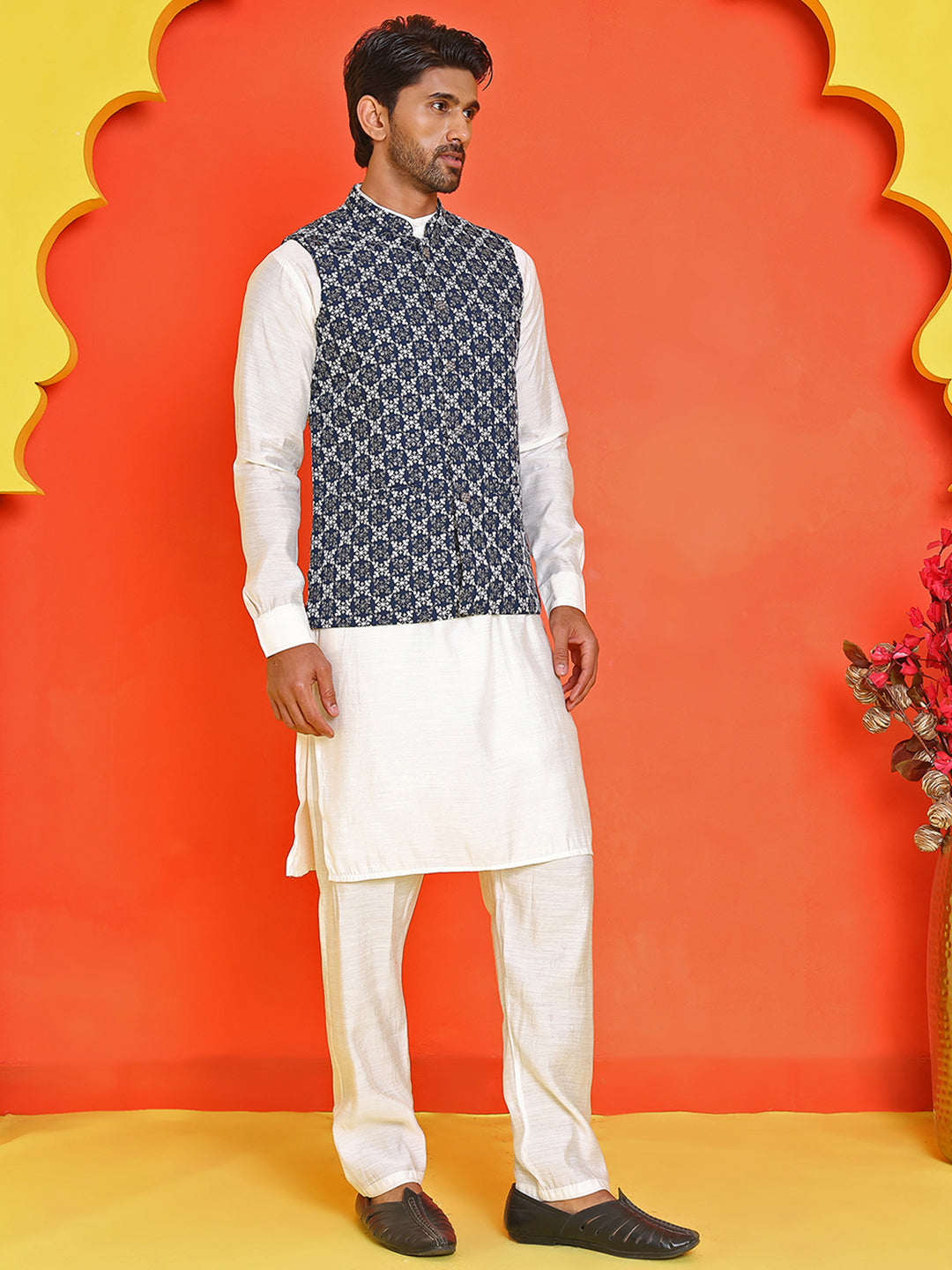 Embroidered Nehru Jacket With Solid Kurta Pyjama Set