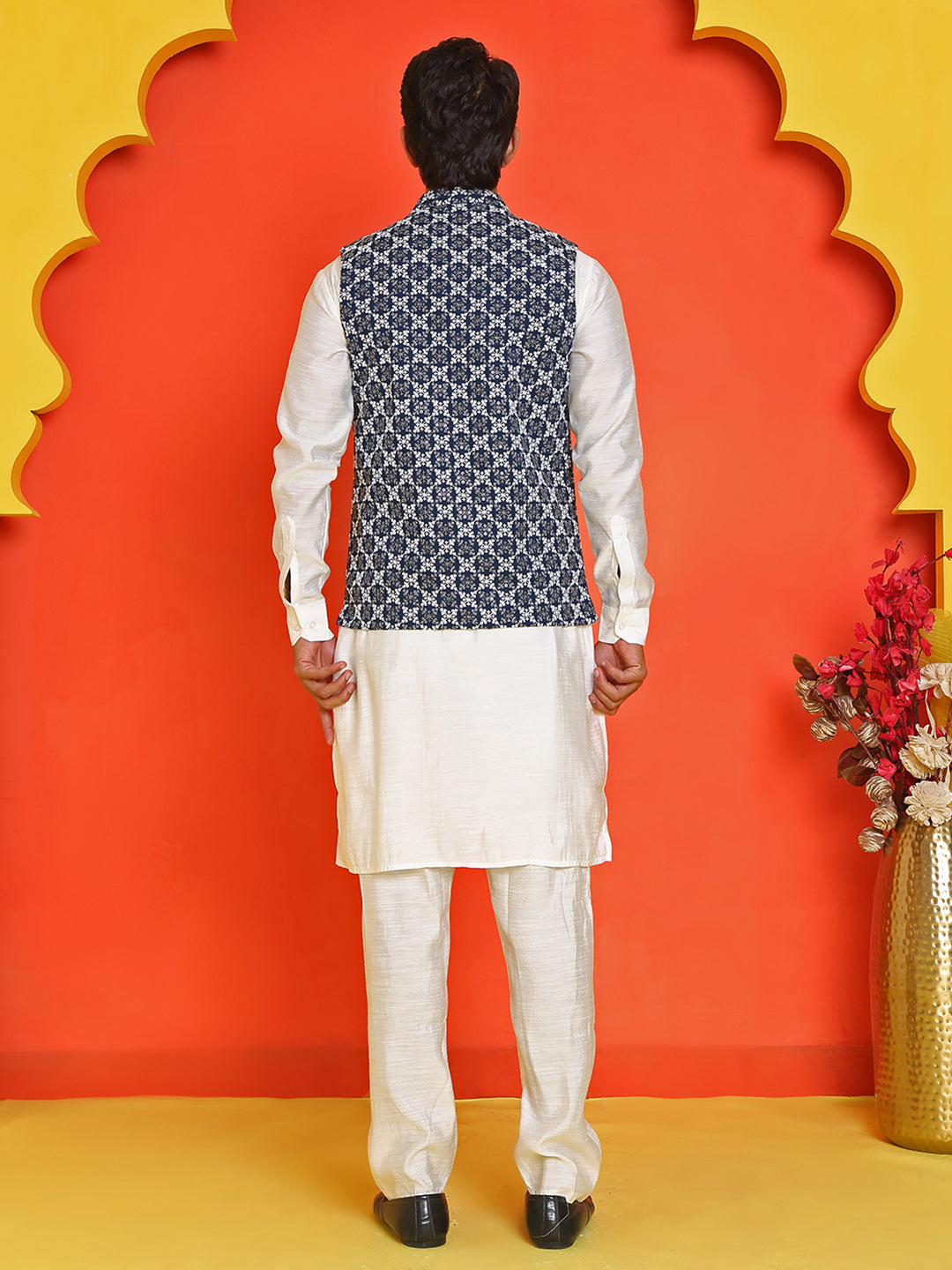 Embroidered Nehru Jacket With Solid Kurta Pyjama Set