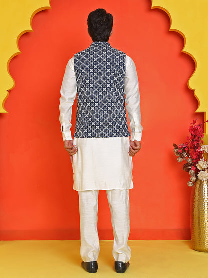Embroidered Nehru Jacket With Solid Kurta Pyjama Set
