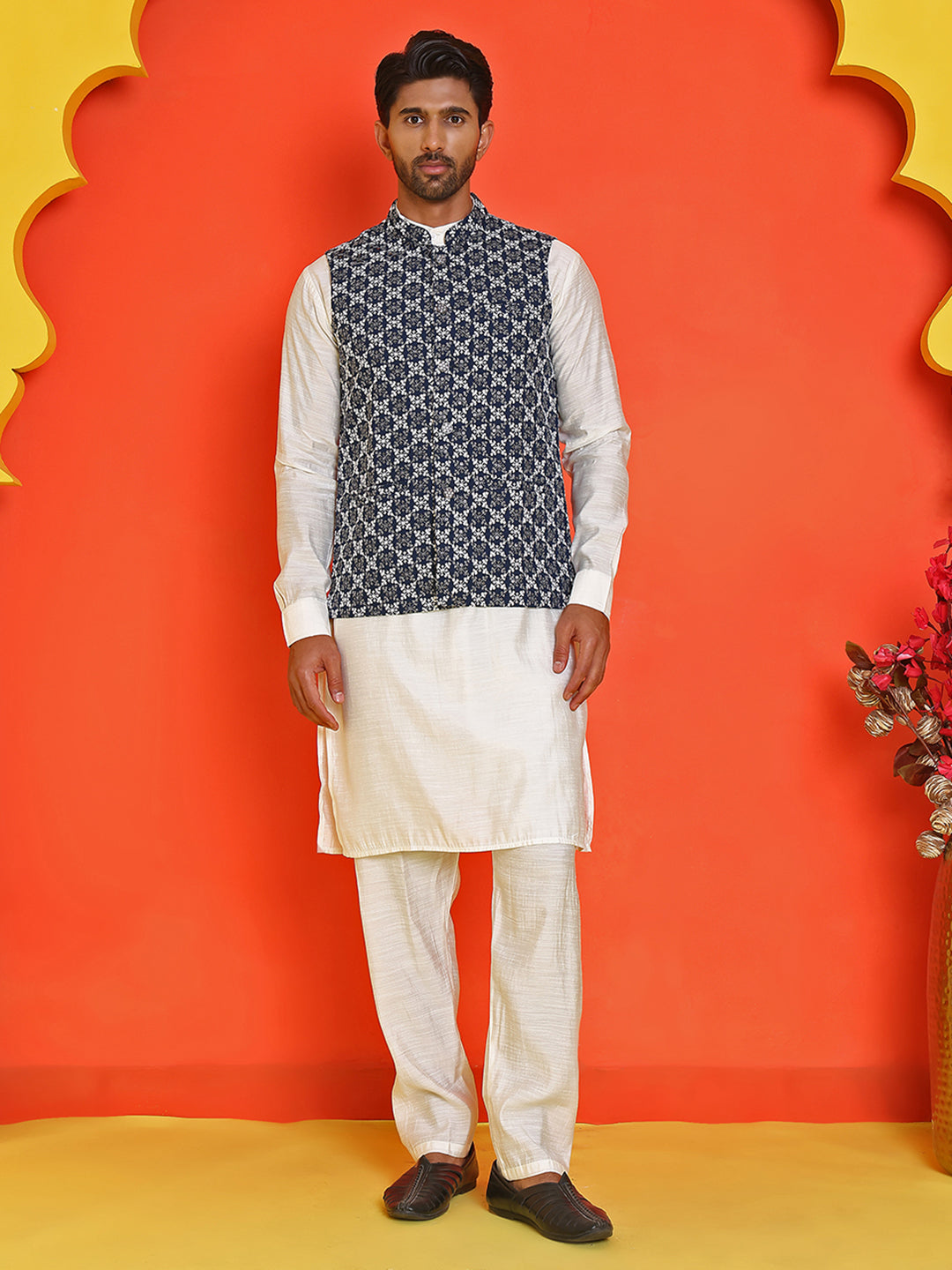Embroidered Nehru Jacket With Solid Kurta Pyjama Set