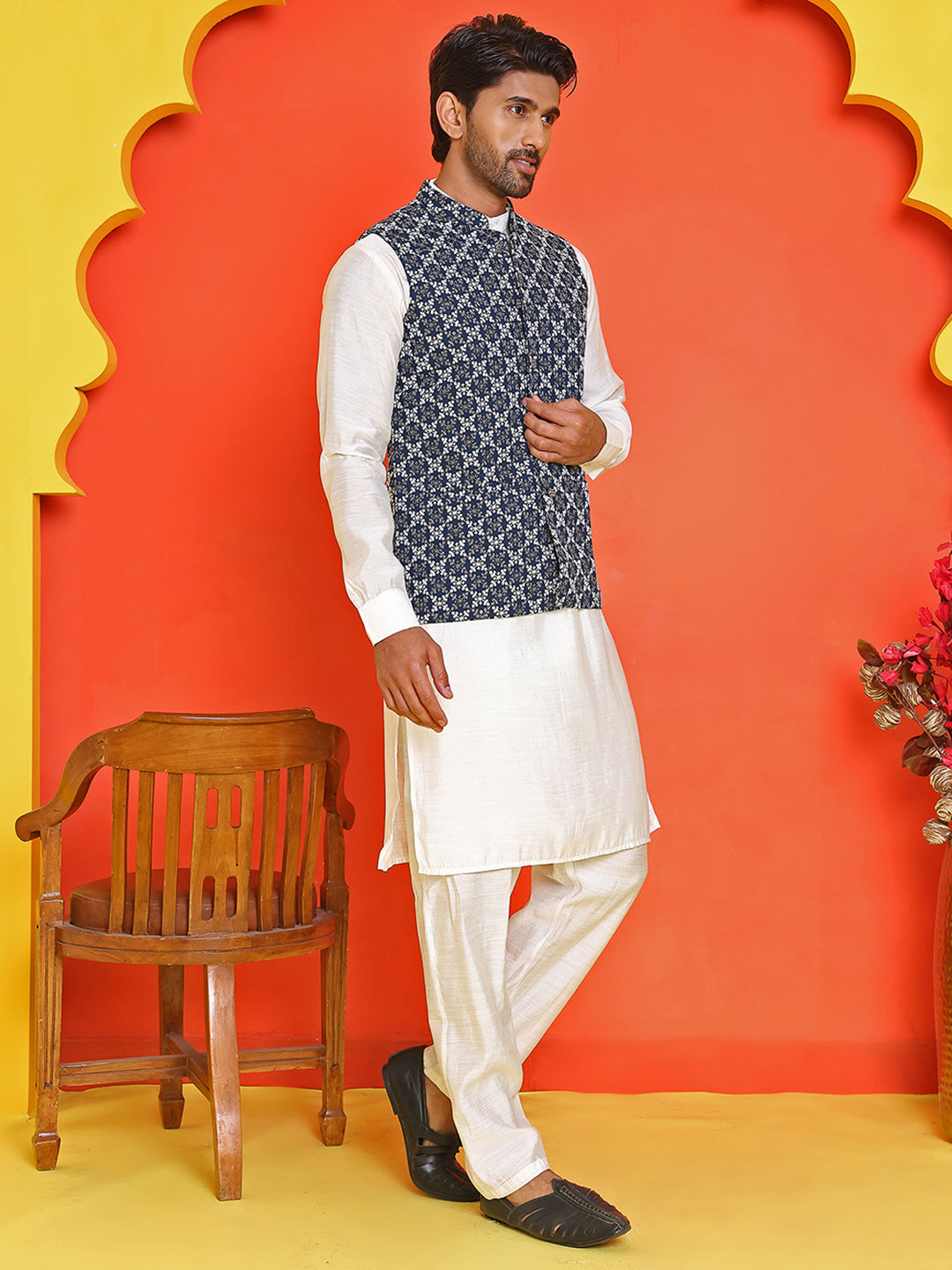 Embroidered Nehru Jacket With Solid Kurta Pyjama Set