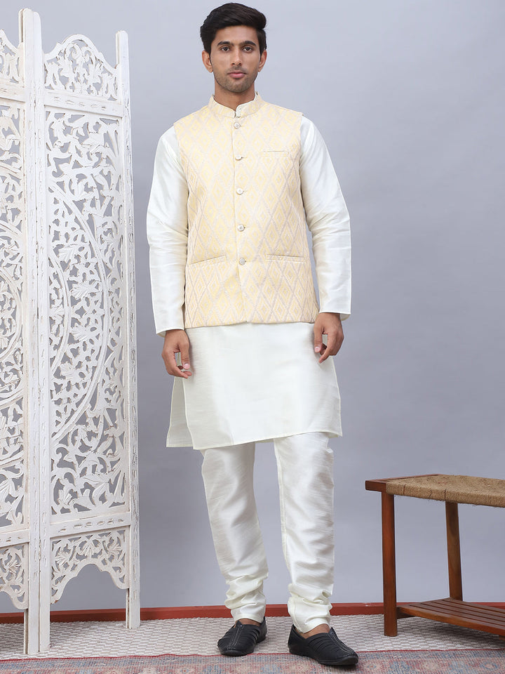 Embossed Nehru Jacket With Solid Kurta Pyjama Set