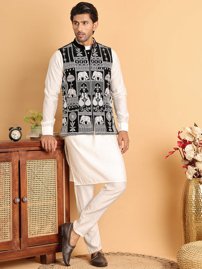 Men'S Embroidered & Velvet Nehru Jacket With Solid Kurta Pyjama.