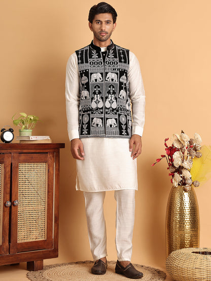 Men'S Embroidered & Velvet Nehru Jacket With Solid Kurta Pyjama.
