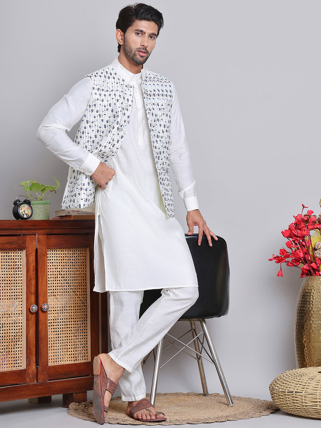Embroidered Nehru Jacket With Solid Kurta Pyjama.