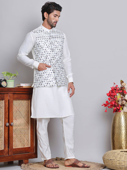Embroidered Nehru Jacket With Solid Kurta Pyjama.
