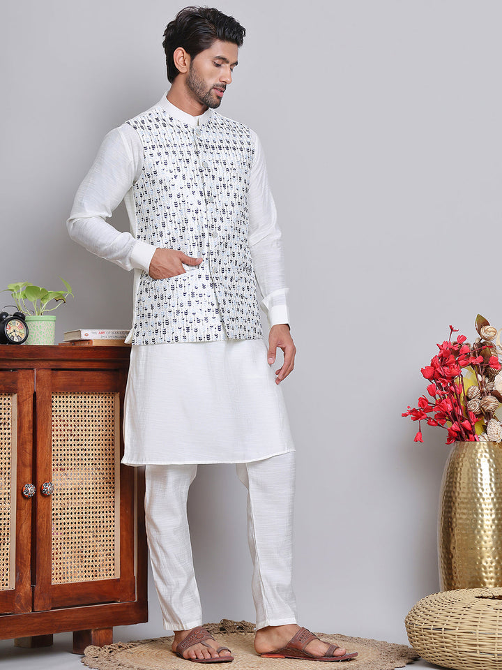 Embroidered Nehru Jacket With Solid Kurta Pyjama.
