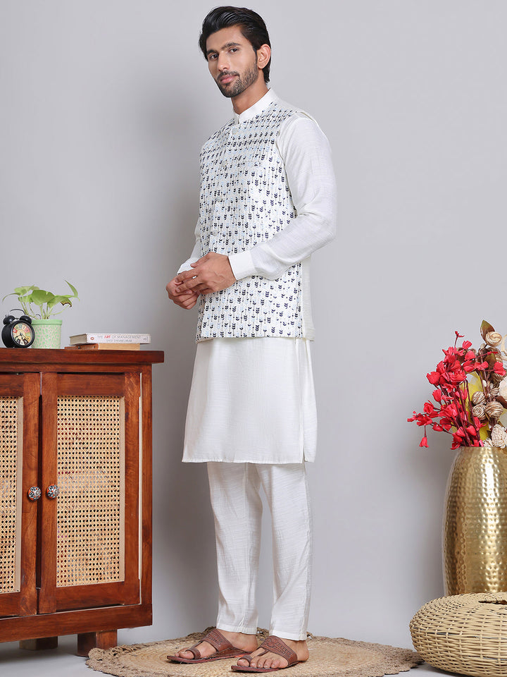 Embroidered Nehru Jacket With Solid Kurta Pyjama.