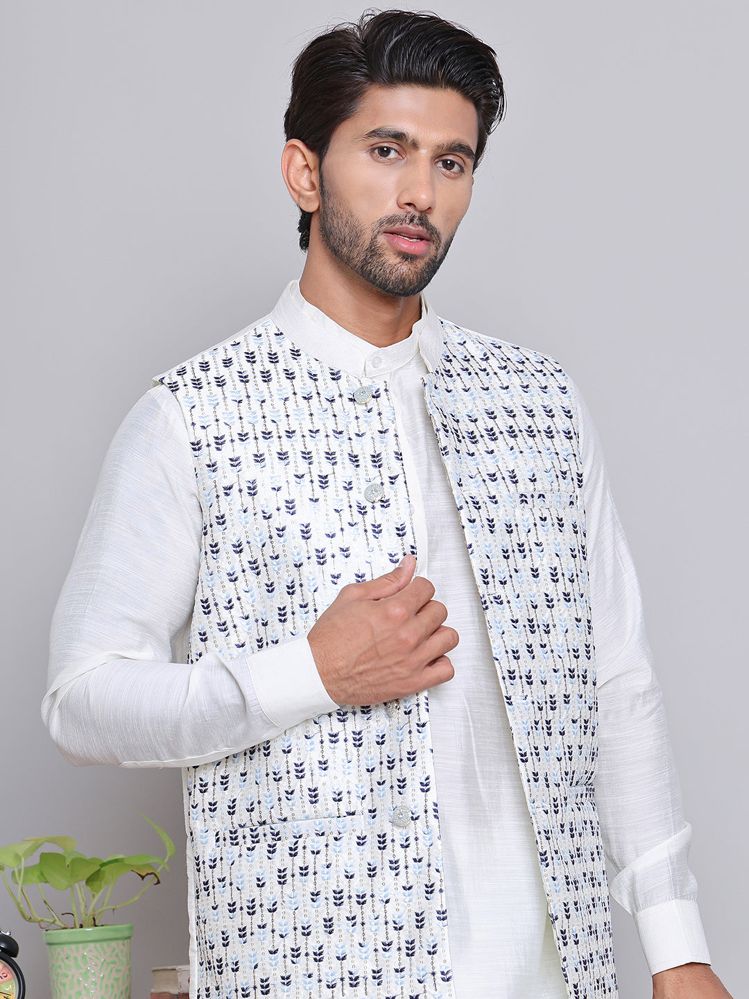 Embroidered Nehru Jacket With Solid Kurta Pyjama.