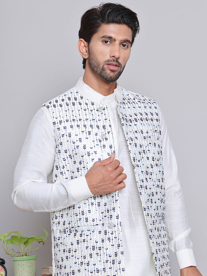 Embroidered Nehru Jacket With Solid Kurta Pyjama.