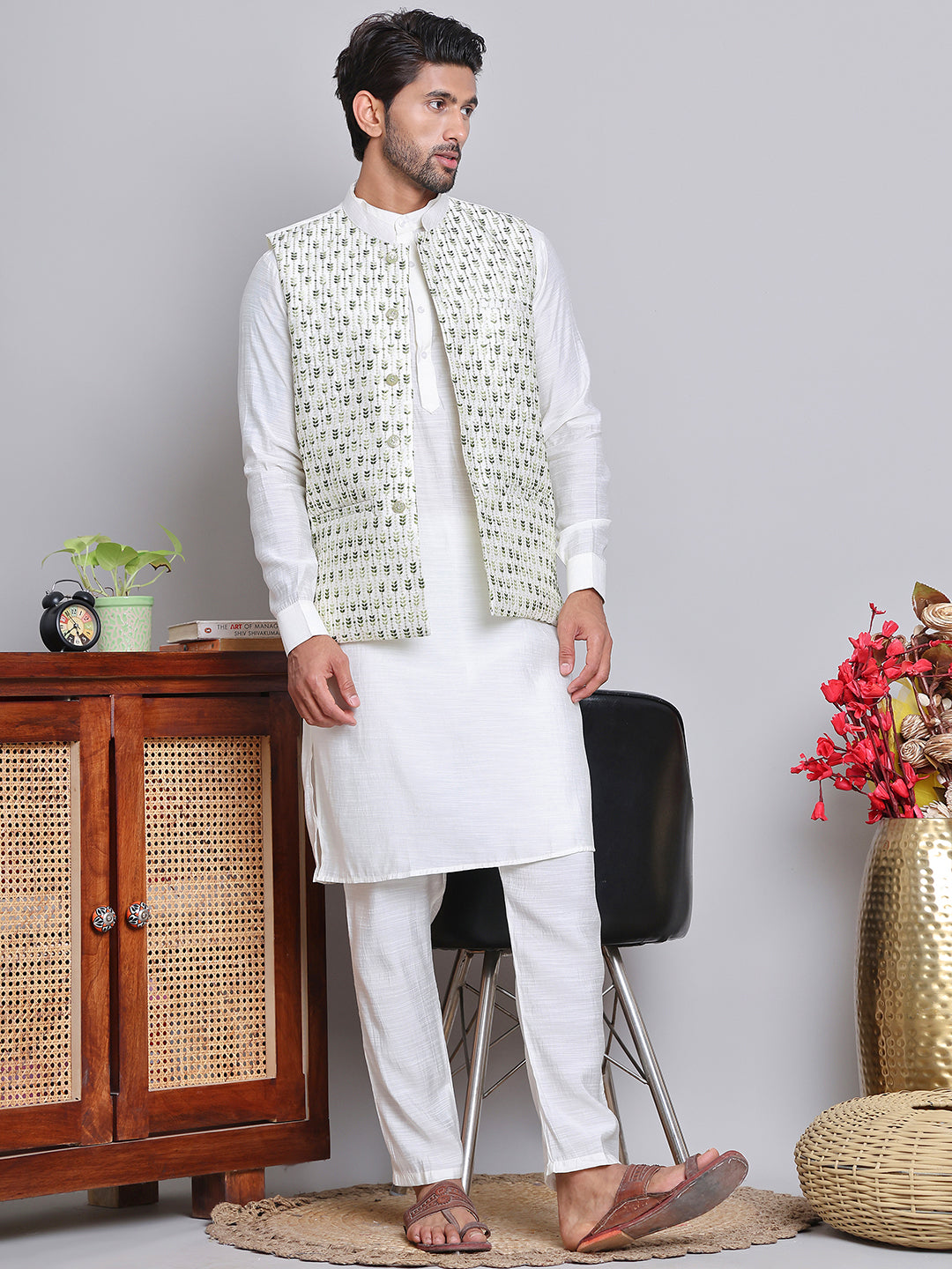 Embroidered Nehru Jacket With Solid Kurta Pyjama.