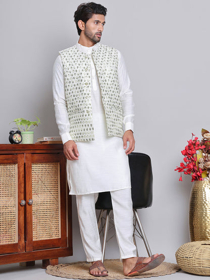 Embroidered Nehru Jacket With Solid Kurta Pyjama.