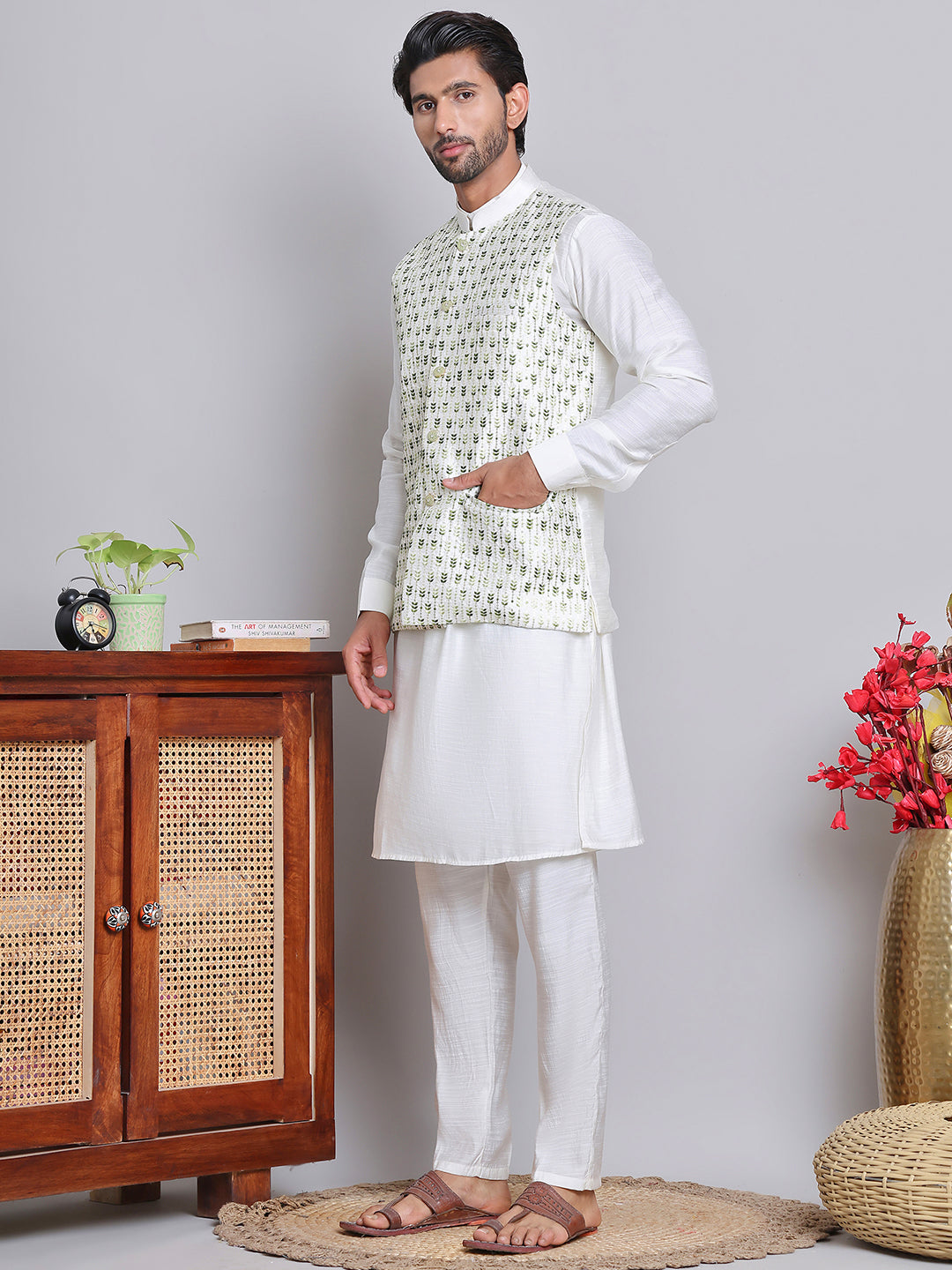 Embroidered Nehru Jacket With Solid Kurta Pyjama.