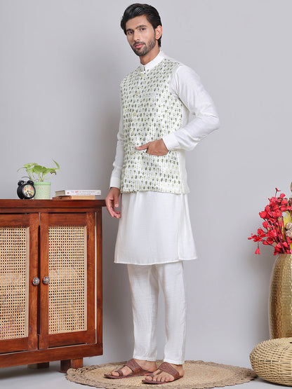 Embroidered Nehru Jacket With Solid Kurta Pyjama.