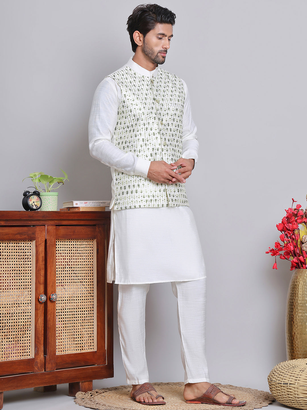 Embroidered Nehru Jacket With Solid Kurta Pyjama.