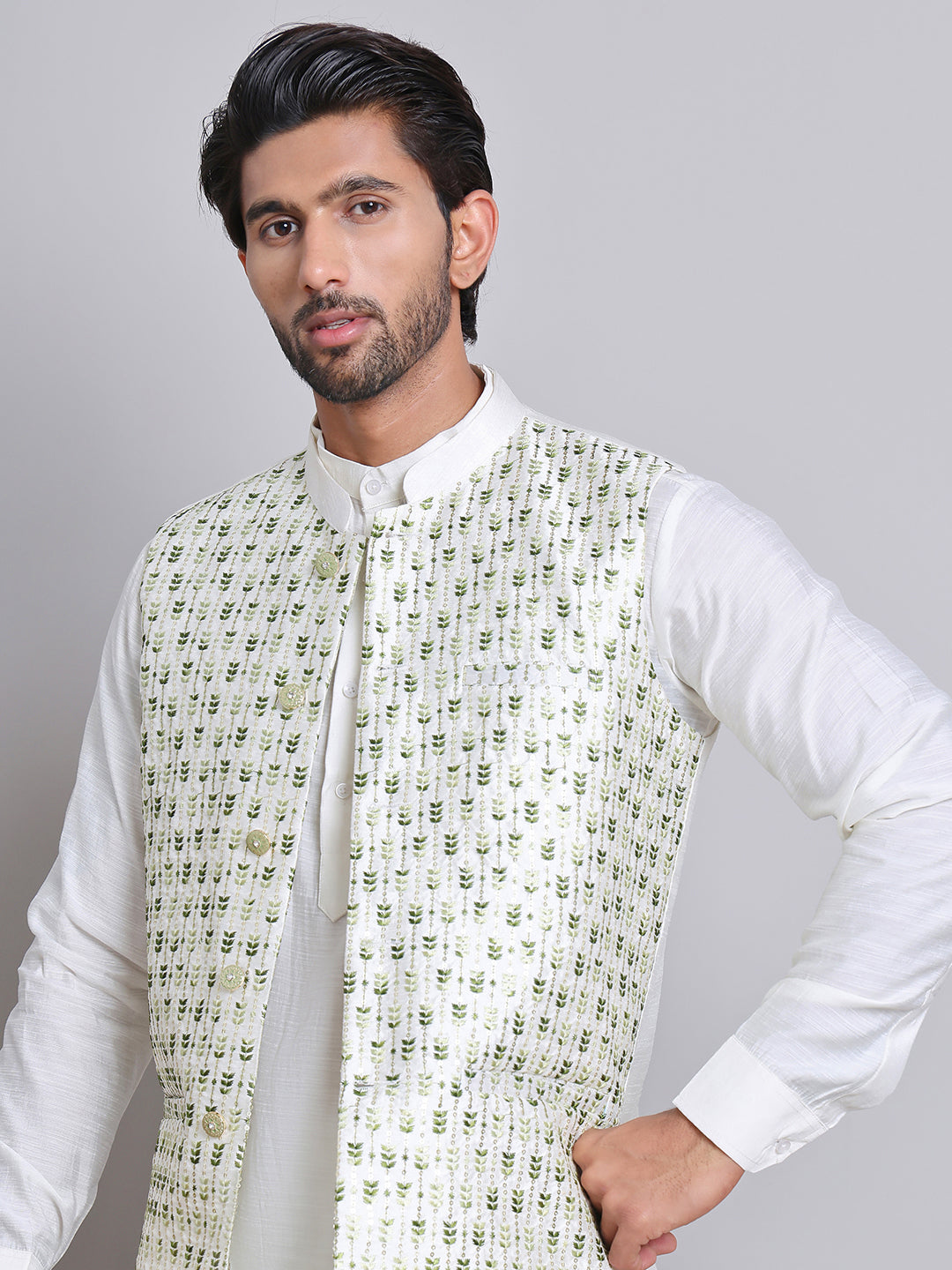 Embroidered Nehru Jacket With Solid Kurta Pyjama.