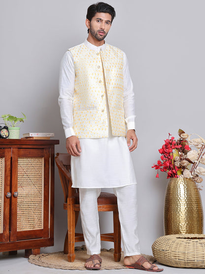 Embroidered Nehru Jacket With Solid Kurta Pyjama.