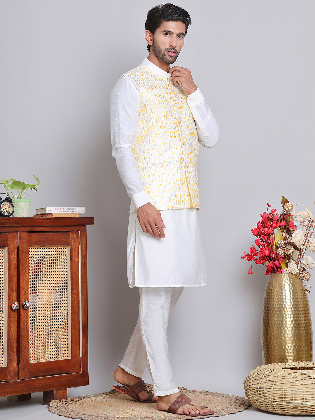 Embroidered Nehru Jacket With Solid Kurta Pyjama.