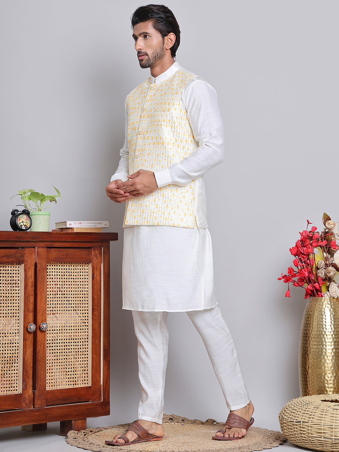 Embroidered Nehru Jacket With Solid Kurta Pyjama.