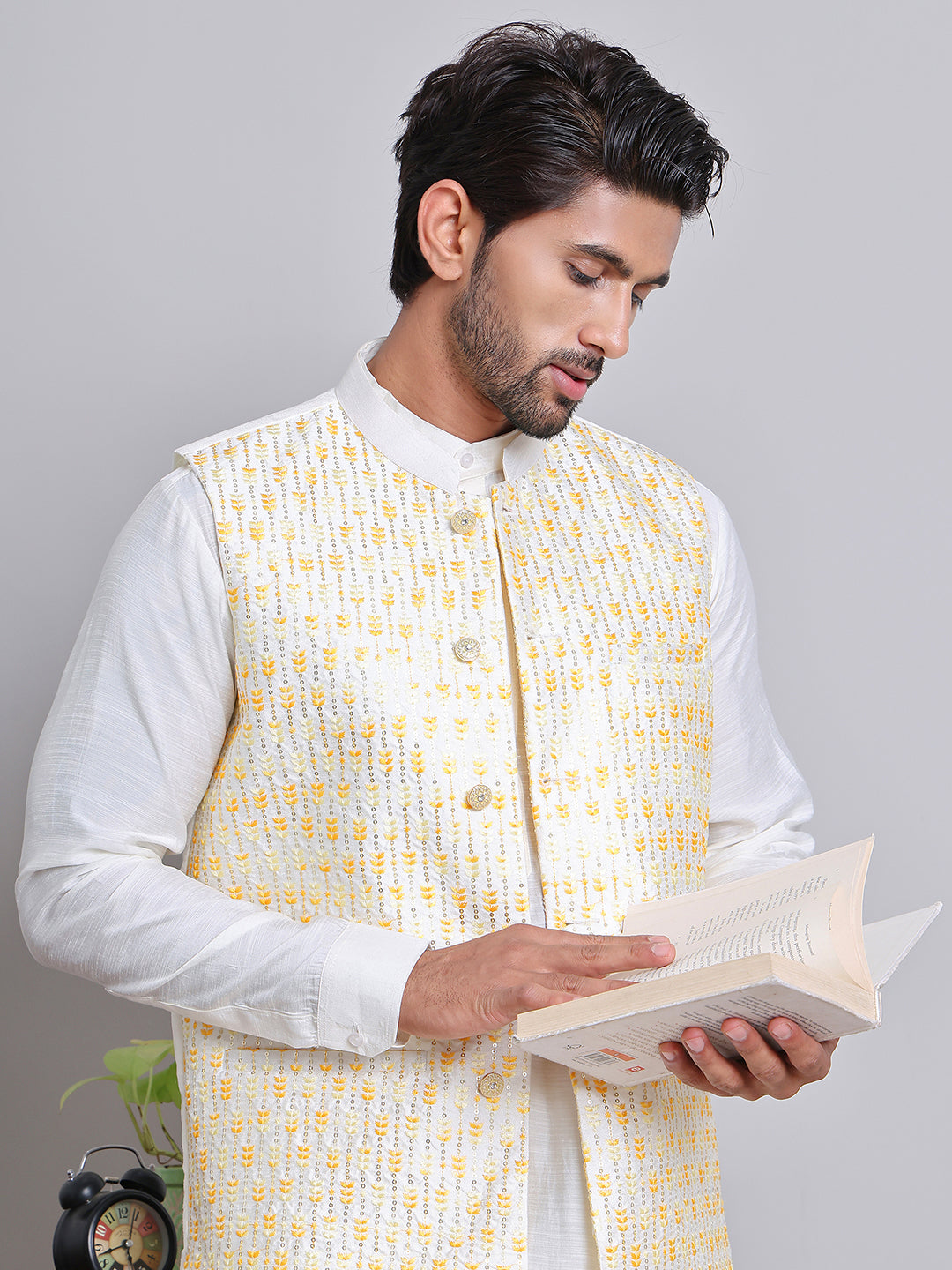 Embroidered Nehru Jacket With Solid Kurta Pyjama.